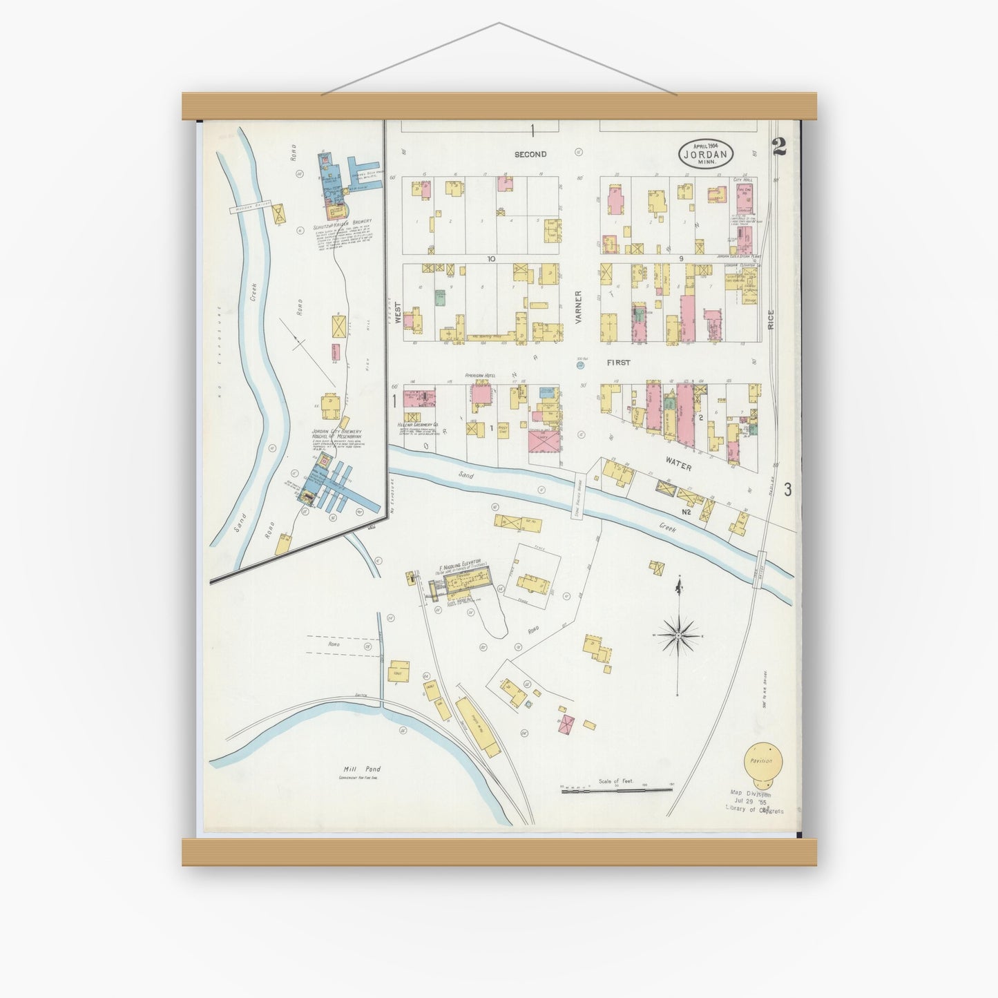 Old map wall art mockup — magnetic wood frame on white wall — Sanborn Fire Insurance Map from Jordan, Scott County, Minnesota (1904), Sheet #0002