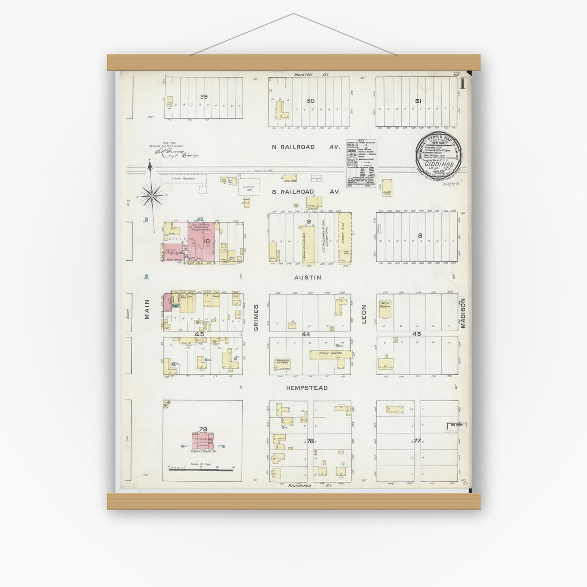 Old map wall art mockup — magnetic wood frame on white wall — Sanborn Fire Insurance Map from Giddings, Lee County, Texas (1891) - Complete Map Set