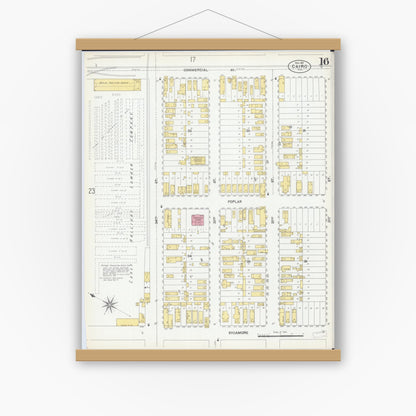 Old map wall art mockup — magnetic wood frame on white wall — Sanborn Fire Insurance Map from Cairo, Alexander County, Illinois (1901), Sheet #0016