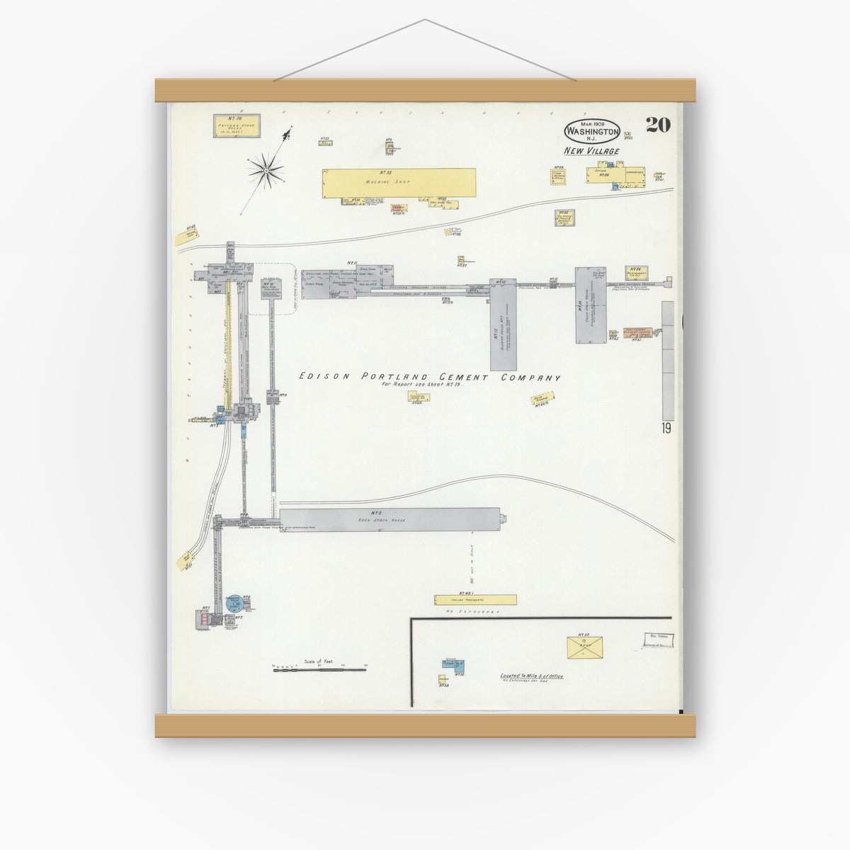 Old map wall art mockup — magnetic wood frame on white wall — Sanborn Fire Insurance Map from Washington, Warren County, New Jersey (1909), Sheet #0020