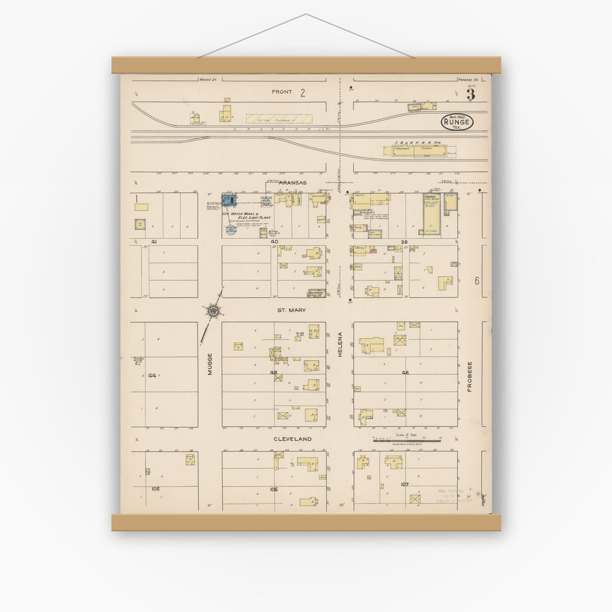 Old map wall art mockup — magnetic wood frame on white wall — Sanborn Fire Insurance Map from Runge, Karnes County, Texas (1922), Sheet #0003