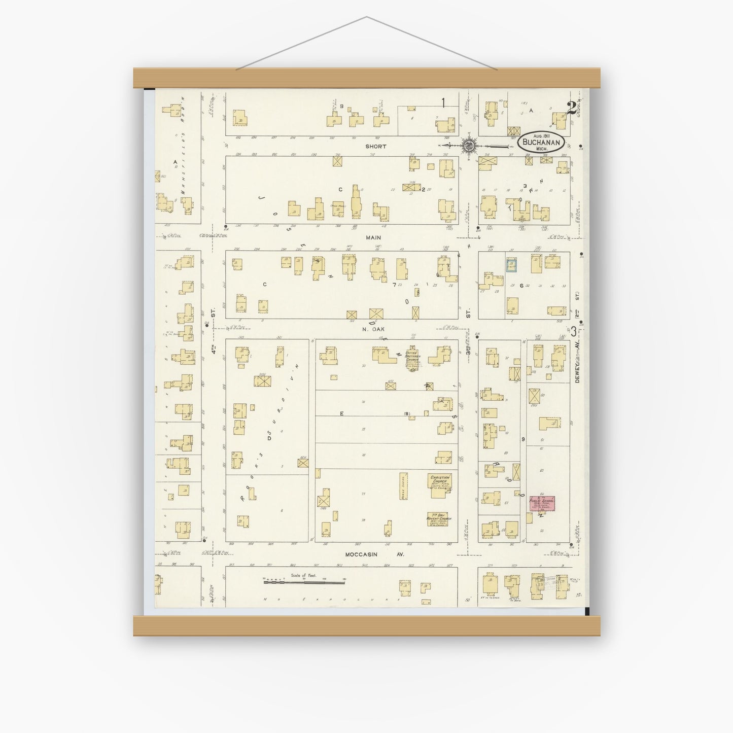 Old map wall art mockup — magnetic wood frame on white wall — Sanborn Fire Insurance Map from Buchanan, Berrien County, Michigan (1911), Sheet #0002