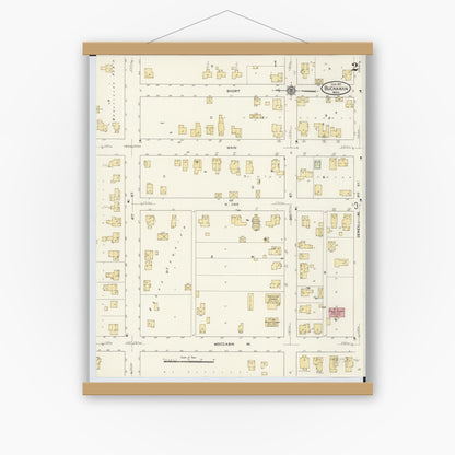 Old map wall art mockup — magnetic wood frame on white wall — Sanborn Fire Insurance Map from Buchanan, Berrien County, Michigan (1911), Sheet #0002
