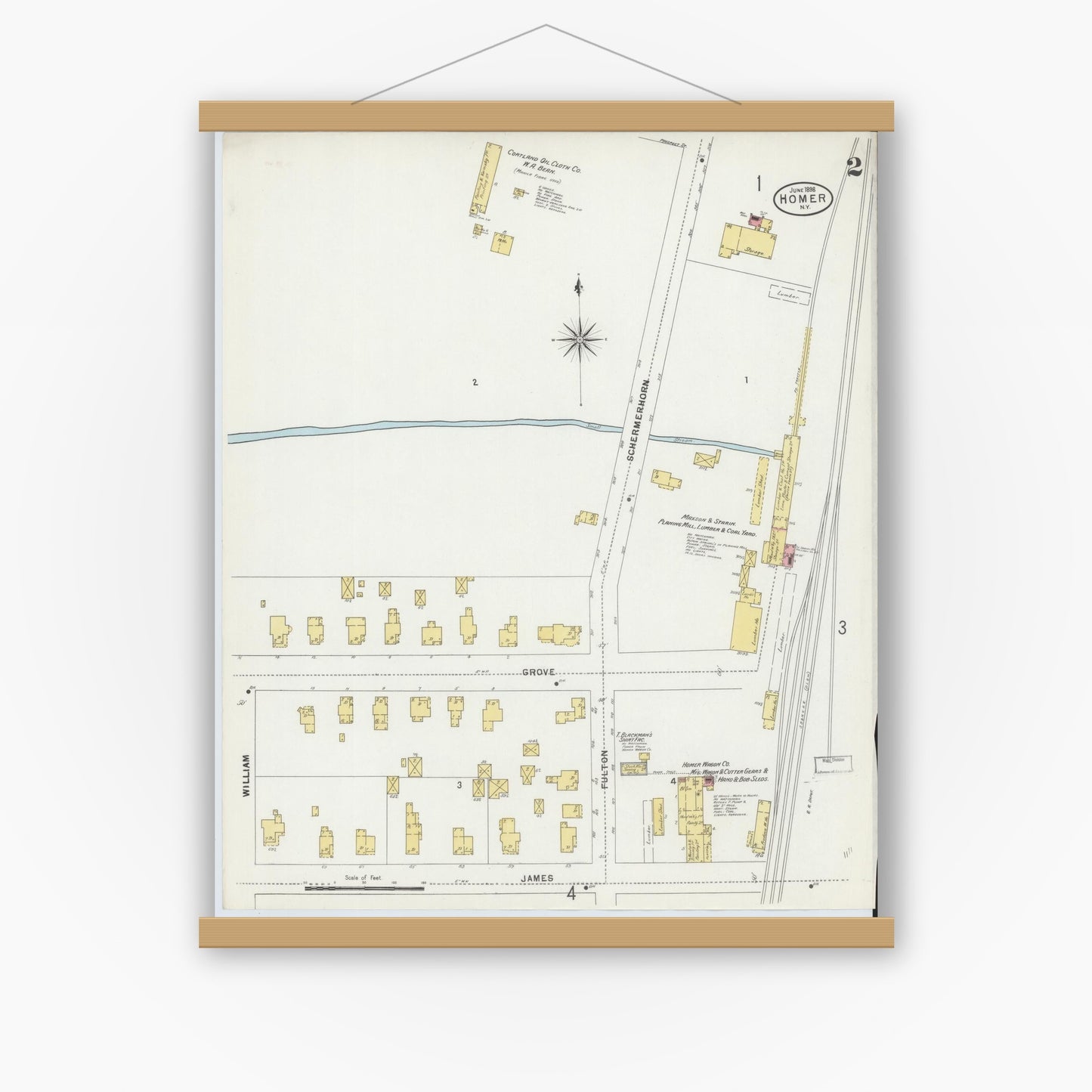 Old map wall art mockup — magnetic wood frame on white wall — Sanborn Fire Insurance Map from Homer, Cortland County, New York (1898), Sheet #0002