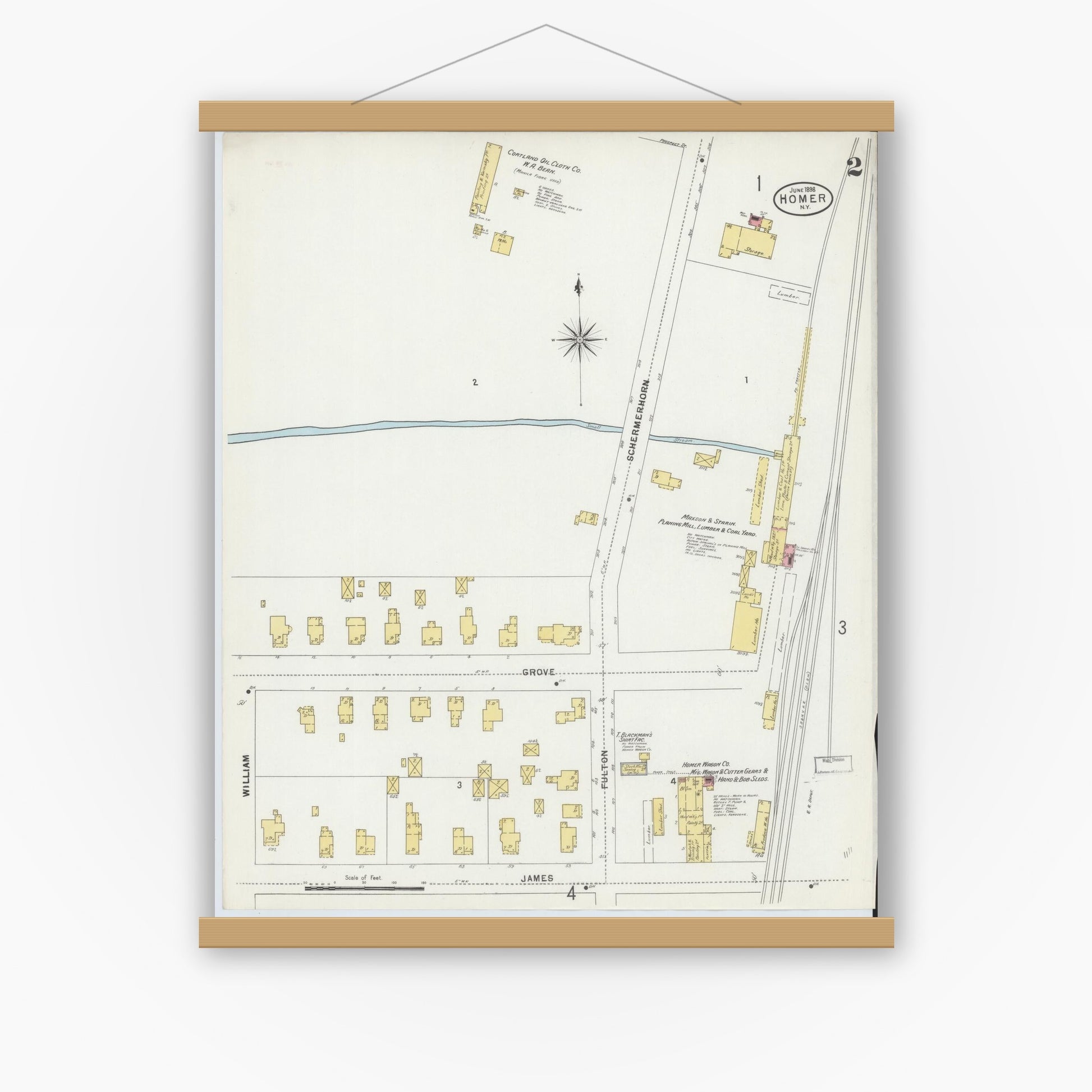 Old map wall art mockup — magnetic wood frame on white wall — Sanborn Fire Insurance Map from Homer, Cortland County, New York (1898), Sheet #0002
