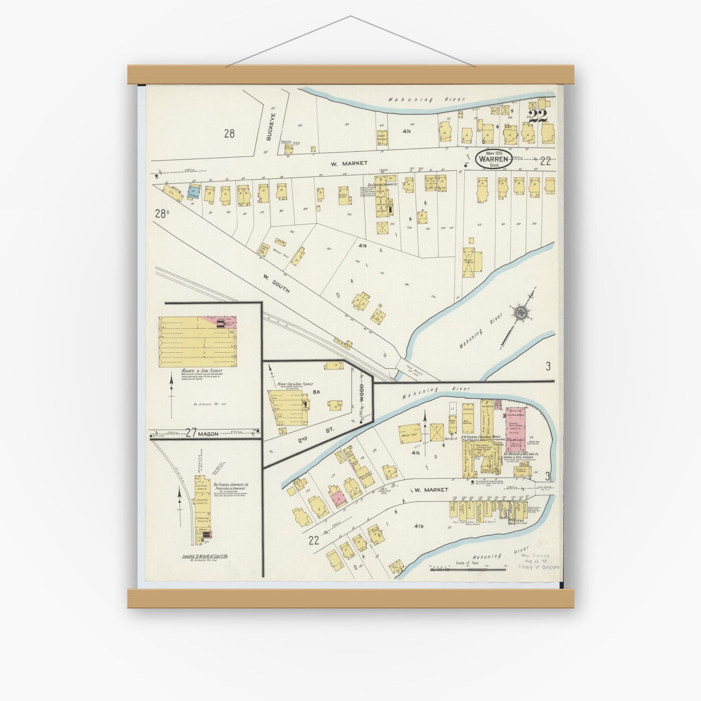 Old map wall art mockup — magnetic wood frame on white wall — Sanborn Fire Insurance Map from Warren, Trumbull County, Ohio (1915), Sheet #0022