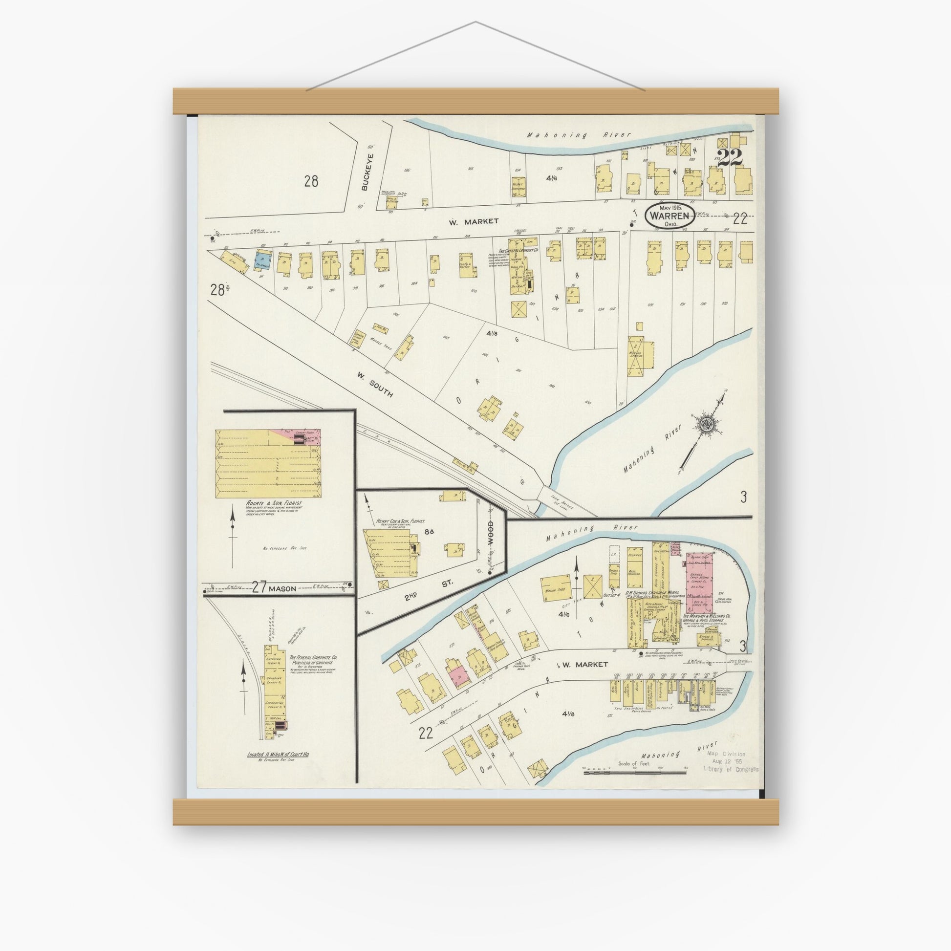 Old map wall art mockup — magnetic wood frame on white wall — Sanborn Fire Insurance Map from Warren, Trumbull County, Ohio (1915), Sheet #0022