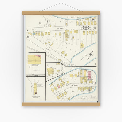 Old map wall art mockup — magnetic wood frame on white wall — Sanborn Fire Insurance Map from Warren, Trumbull County, Ohio (1915), Sheet #0022