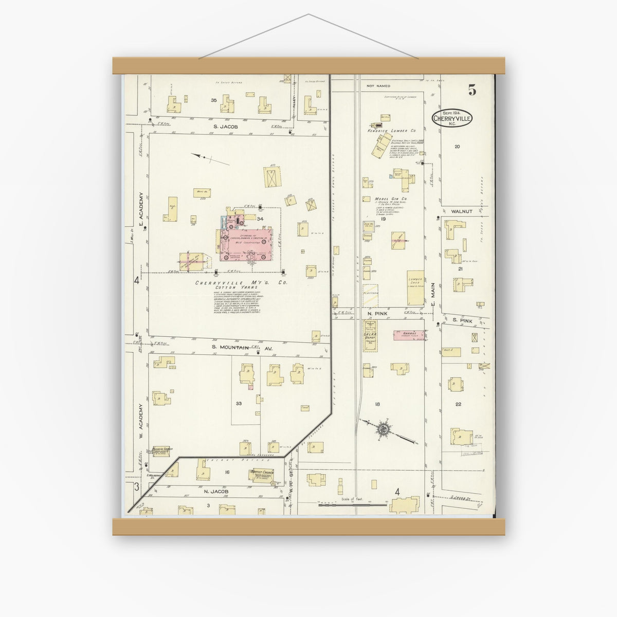 Old map wall art mockup — magnetic wood frame on white wall — Sanborn Fire Insurance Map from Cherryville, Gaston County, North Carolina (1914), Sheet #0005