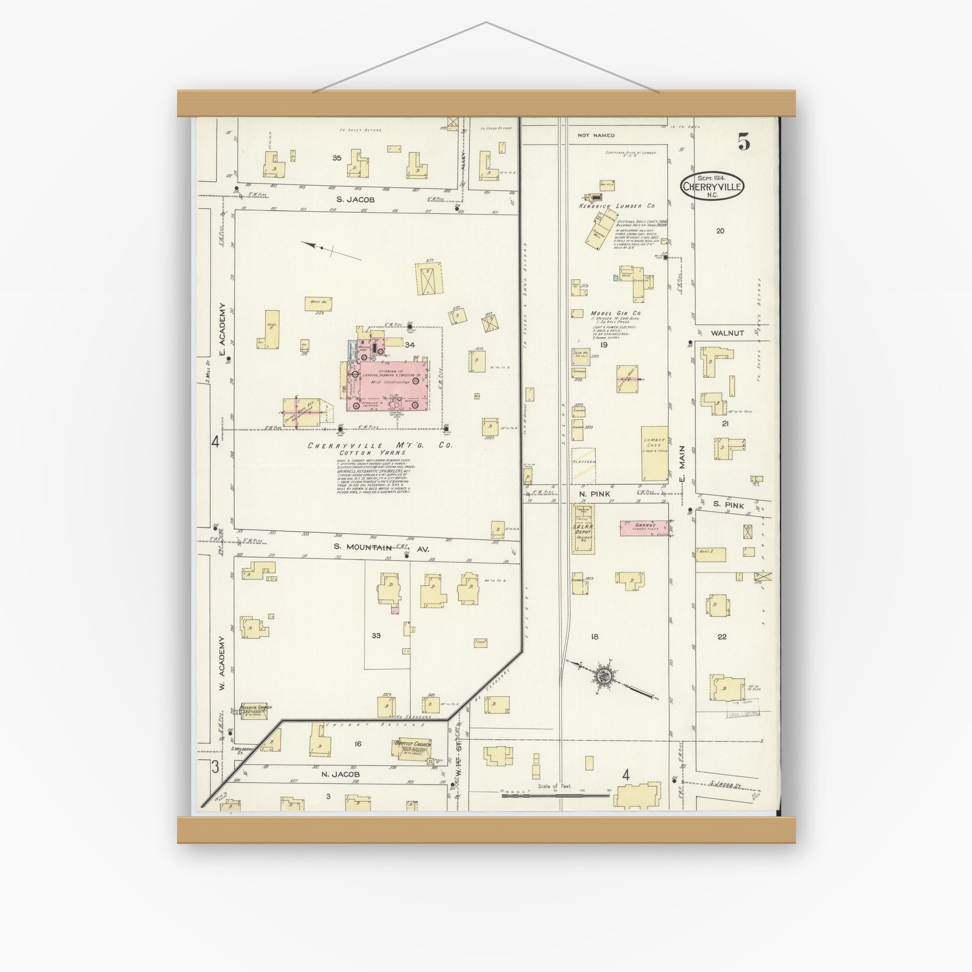 Old map wall art mockup — magnetic wood frame on white wall — Sanborn Fire Insurance Map from Cherryville, Gaston County, North Carolina (1914), Sheet #0005
