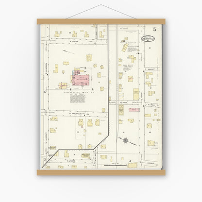 Old map wall art mockup — magnetic wood frame on white wall — Sanborn Fire Insurance Map from Cherryville, Gaston County, North Carolina (1914), Sheet #0005