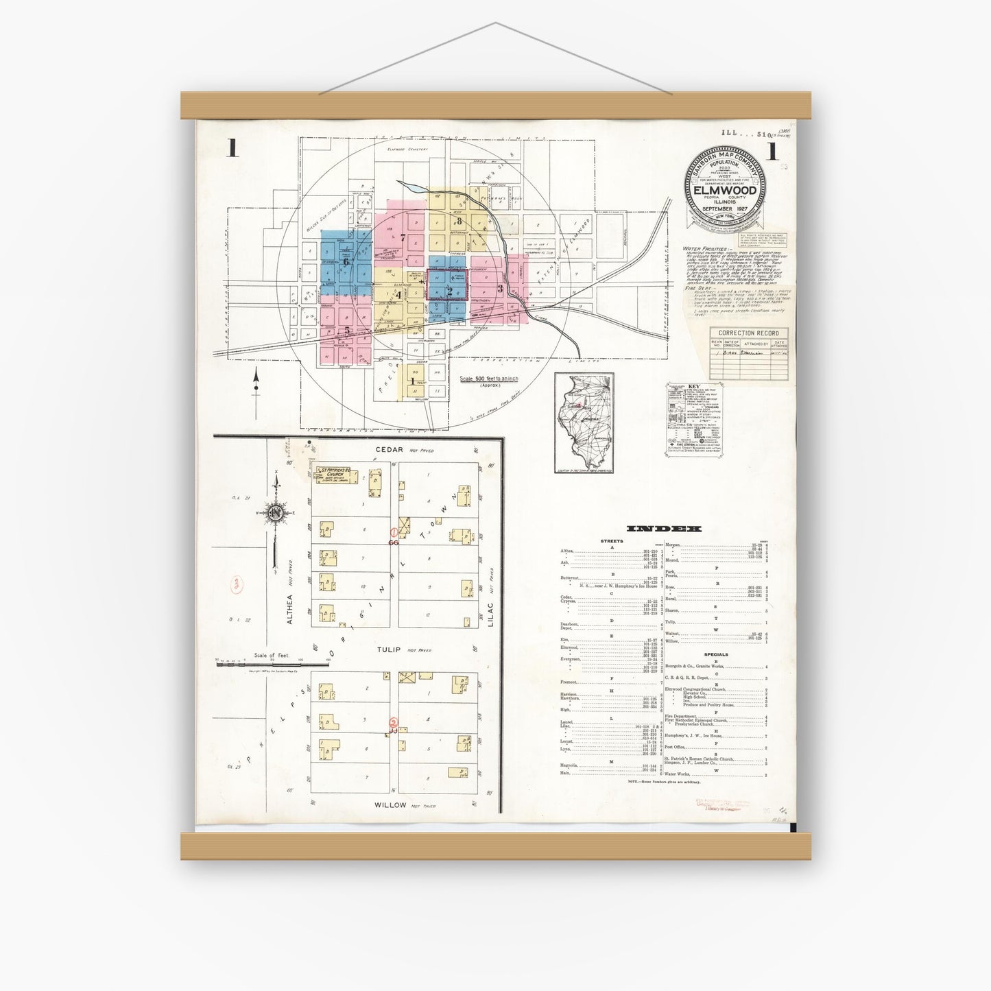 Old map wall art mockup — magnetic wood frame on white wall — Sanborn Fire Insurance Map from Elmwood, Peoria County, Illinois (1944) - Complete Map Set