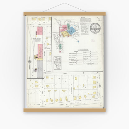 Old map wall art mockup — magnetic wood frame on white wall — Sanborn Fire Insurance Map from West Chicago, Du Page County, Illinois (1912) - Complete Map Set
