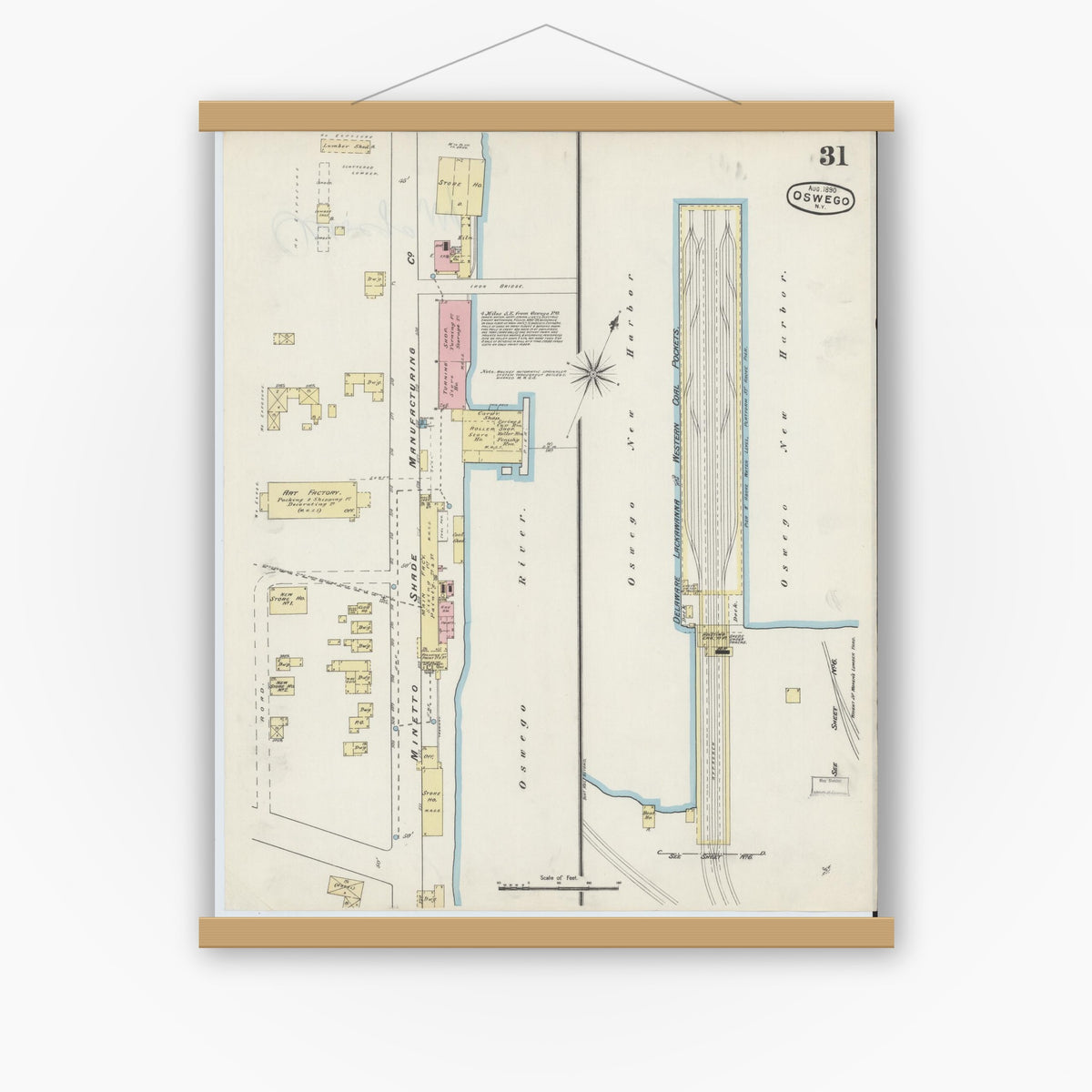 Old map wall art mockup — magnetic wood frame on white wall — Sanborn Fire Insurance Map from Oswego, Oswego County, New York (1890), Sheet #0031