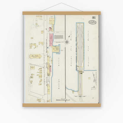 Old map wall art mockup — magnetic wood frame on white wall — Sanborn Fire Insurance Map from Oswego, Oswego County, New York (1890), Sheet #0031