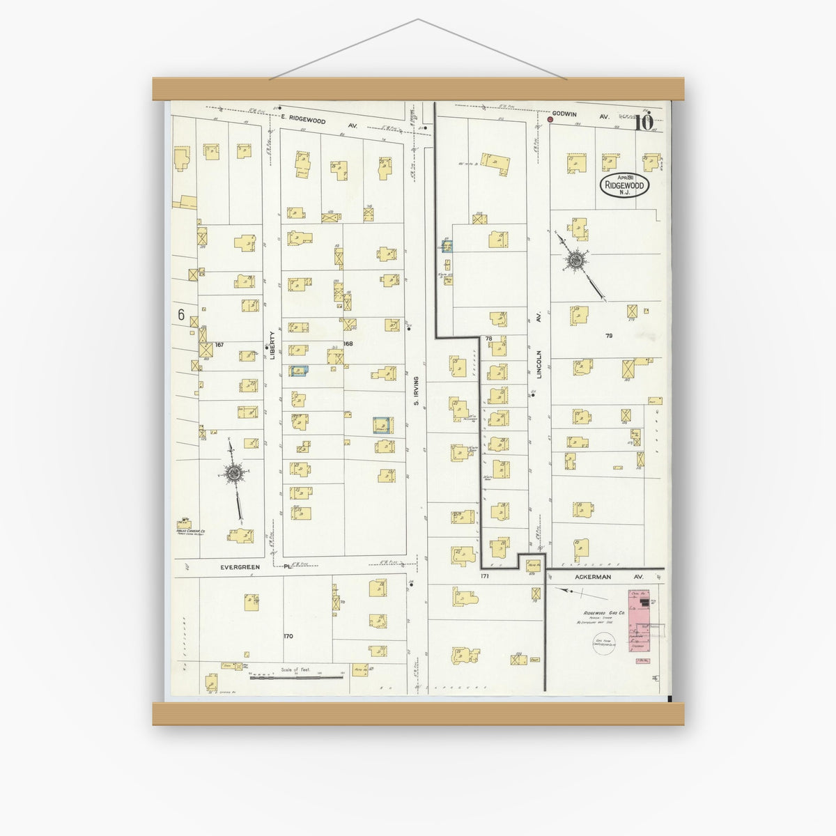 Old map wall art mockup — magnetic wood frame on white wall — Sanborn Fire Insurance Map from Ridgewood, Bergen County, New Jersey (1911), Sheet #0010