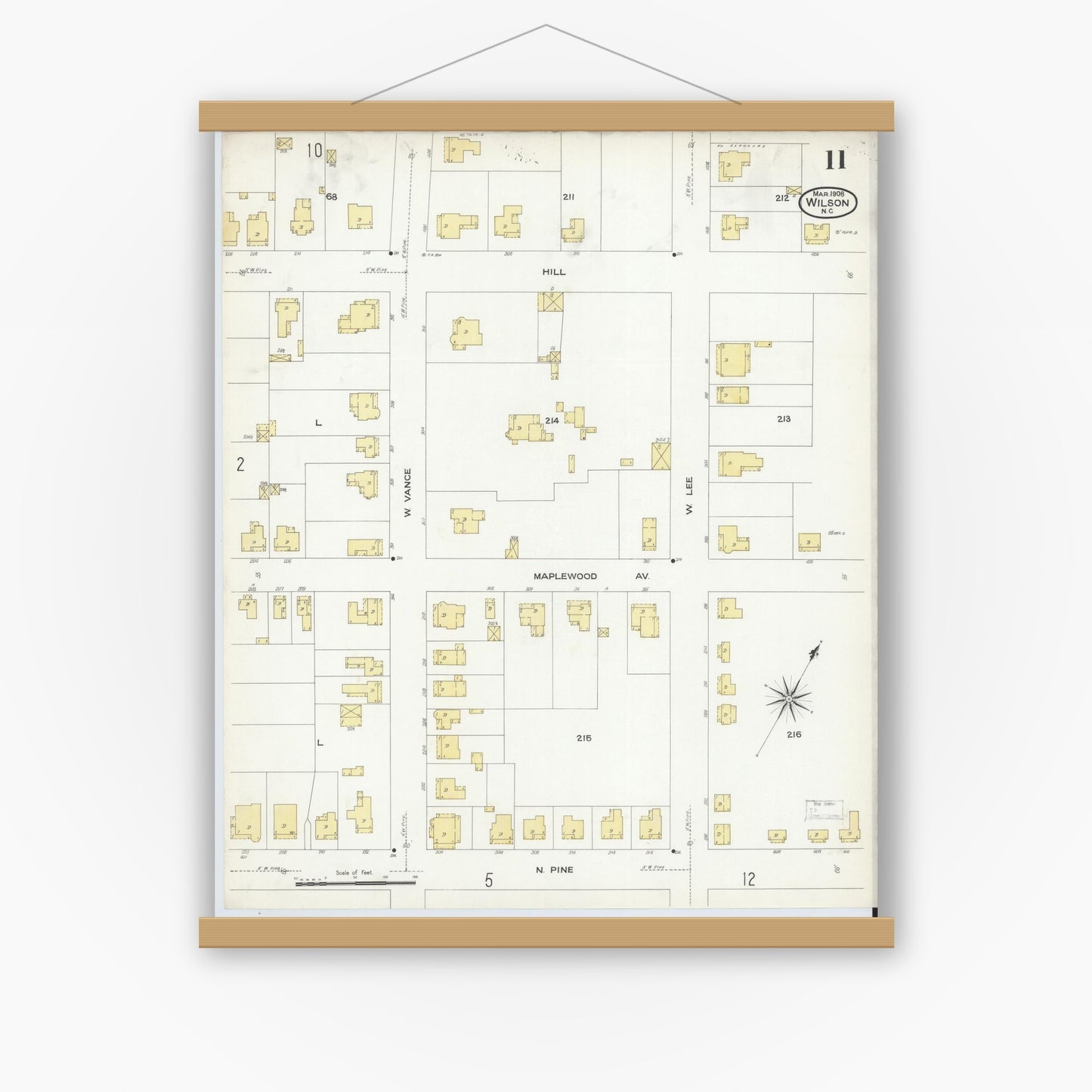 Old map wall art mockup — magnetic wood frame on white wall — Sanborn Fire Insurance Map from Wilson, Wilson County, North Carolina (1908), Sheet #0011