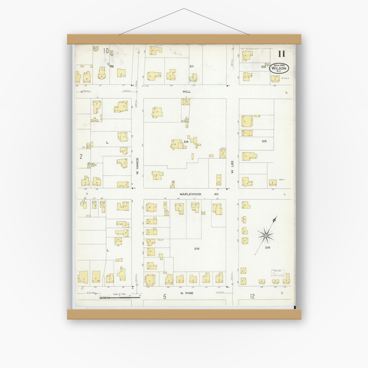 Old map wall art mockup — magnetic wood frame on white wall — Sanborn Fire Insurance Map from Wilson, Wilson County, North Carolina (1908), Sheet #0011