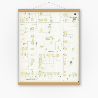 Old map wall art mockup — magnetic wood frame on white wall — Sanborn Fire Insurance Map from Wilson, Wilson County, North Carolina (1908), Sheet #0011