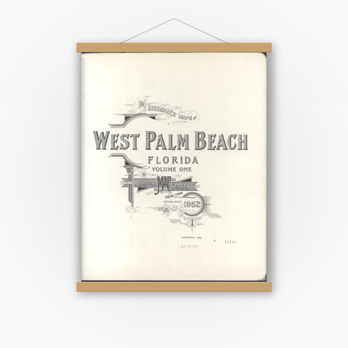 Old map wall art mockup — magnetic wood frame on white wall — Sanborn Fire Insurance Map from West Palm Beach, Dade County, Florida (1952), Sheet #0001