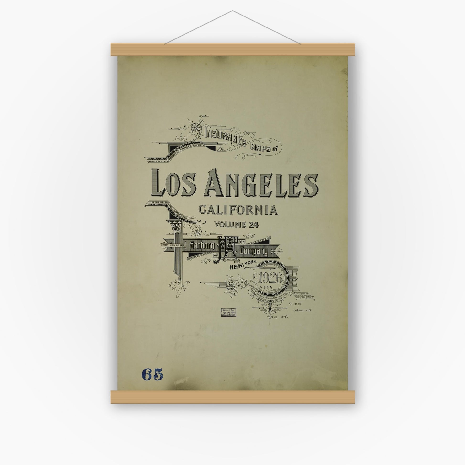 Old map wall art mockup — magnetic wood frame on white wall — Sanborn Fire Insurance Map from Los Angeles, Los Angeles County, California (1926), Sheet #0001