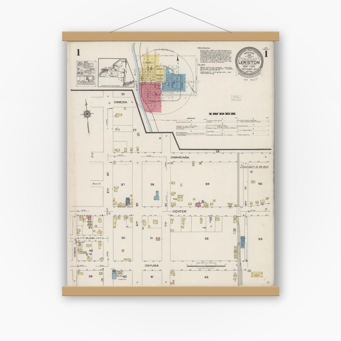 Old map wall art mockup — magnetic wood frame on white wall — Sanborn Fire Insurance Map from Lewiston, Niagara County, New York (1923), Sheet #0001