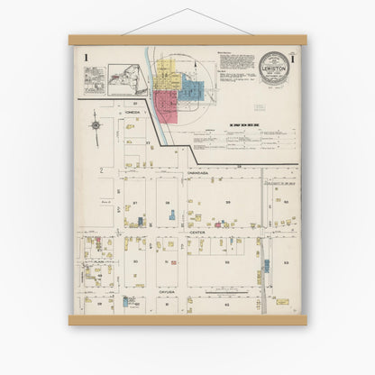 Old map wall art mockup — magnetic wood frame on white wall — Sanborn Fire Insurance Map from Lewiston, Niagara County, New York (1923), Sheet #0001