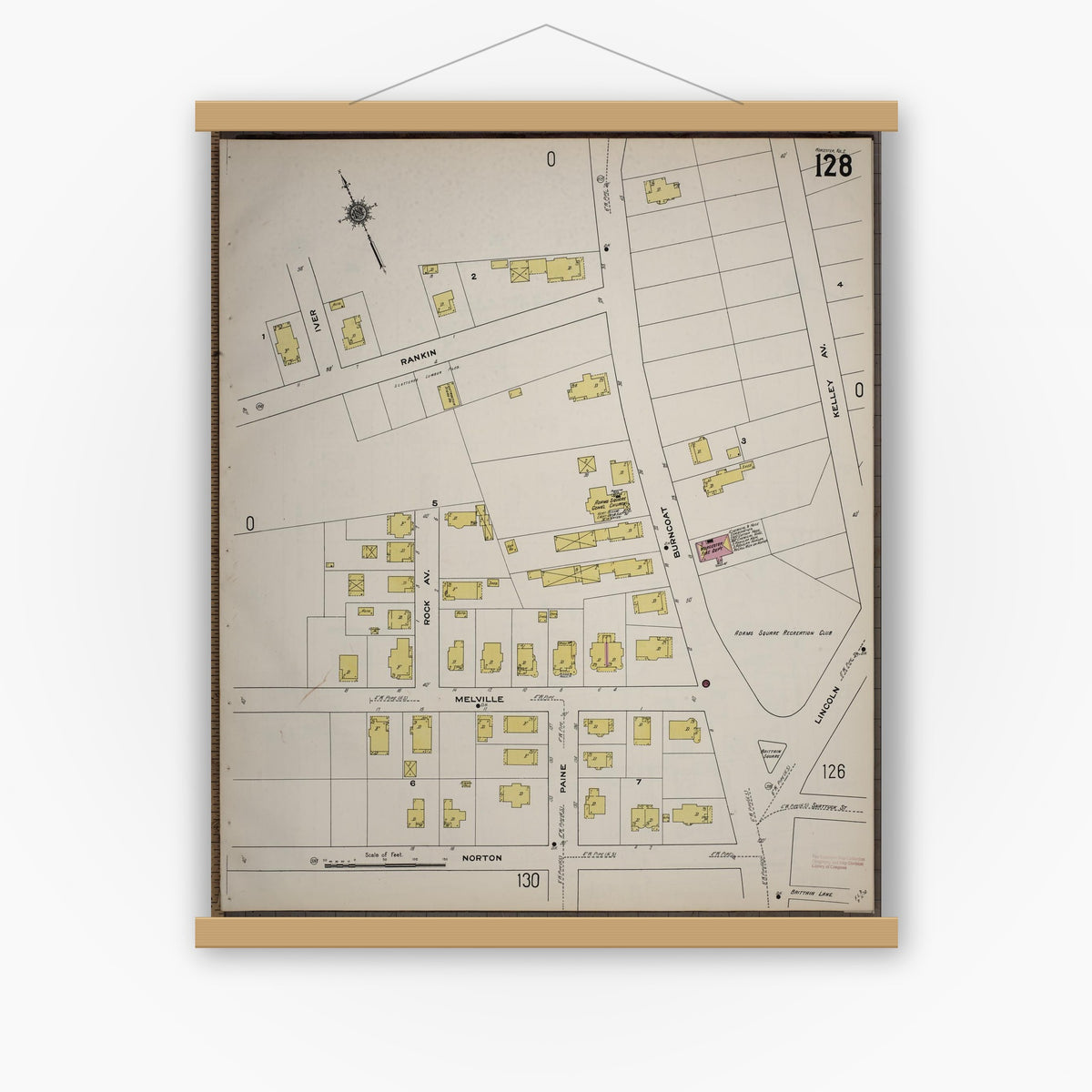 Old map wall art mockup — magnetic wood frame on white wall — Sanborn Fire Insurance Map from Worcester, Worcester County, Massachusetts (1910), Sheet #0128