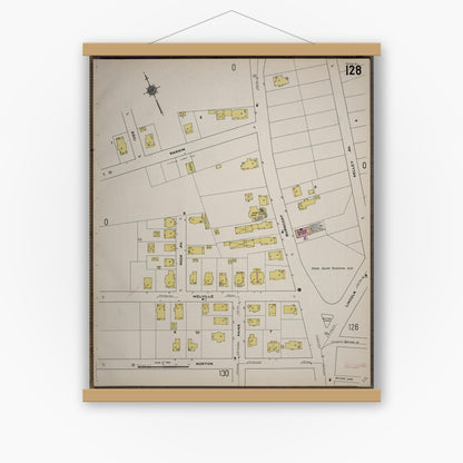Old map wall art mockup — magnetic wood frame on white wall — Sanborn Fire Insurance Map from Worcester, Worcester County, Massachusetts (1910), Sheet #0128
