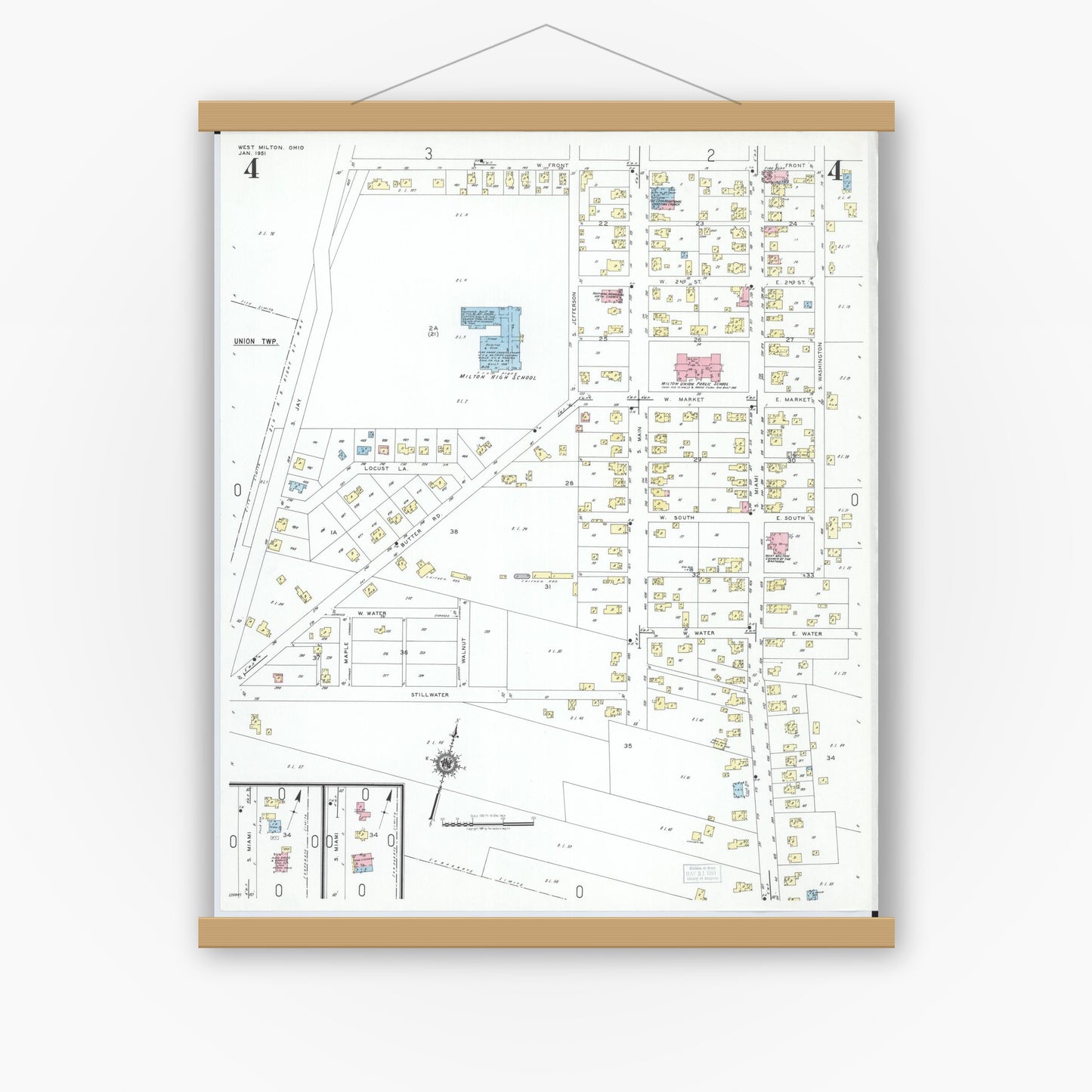 Old map wall art mockup — magnetic wood frame on white wall — Sanborn Fire Insurance Map from West Milton, Miami County, Ohio (1951), Sheet #0004