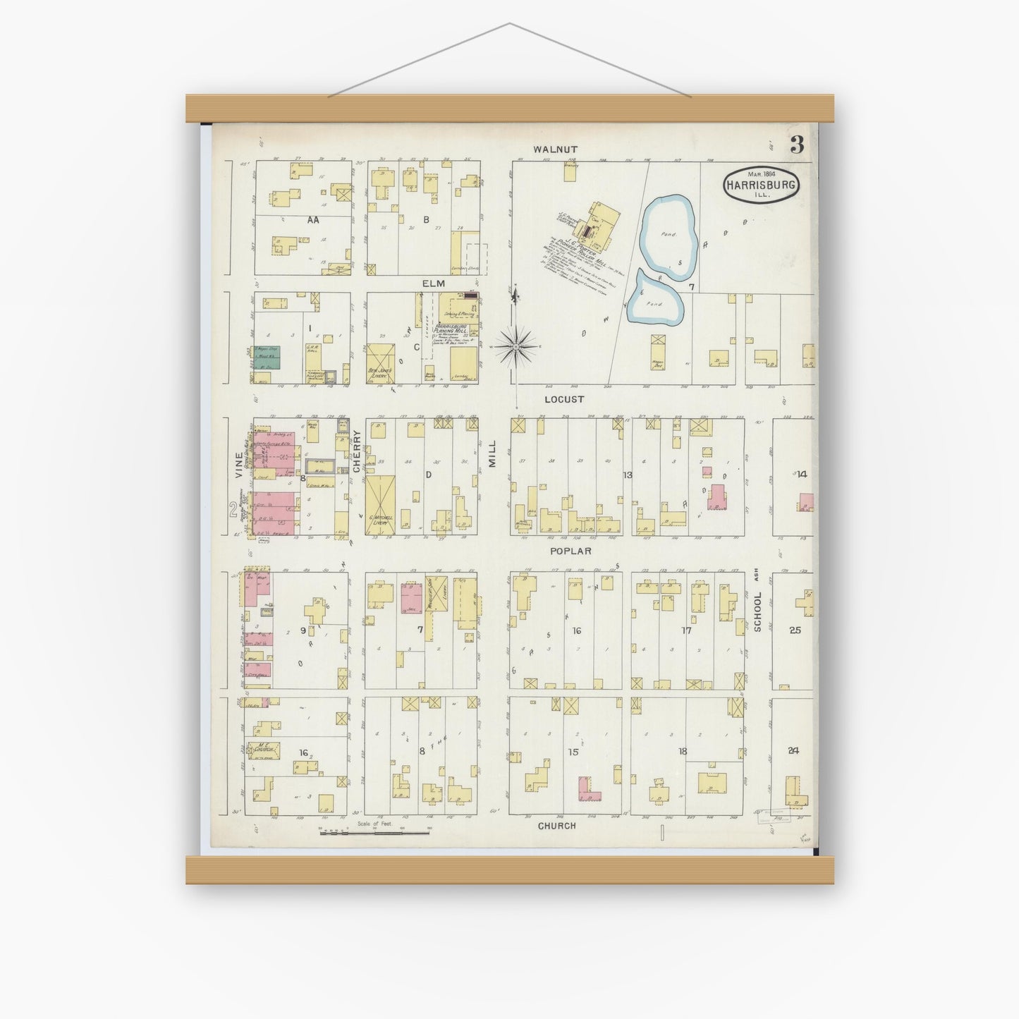 Old map wall art mockup — magnetic wood frame on white wall — Sanborn Fire Insurance Map from Harrisburg, Saline County, Illinois (1894), Sheet #0003