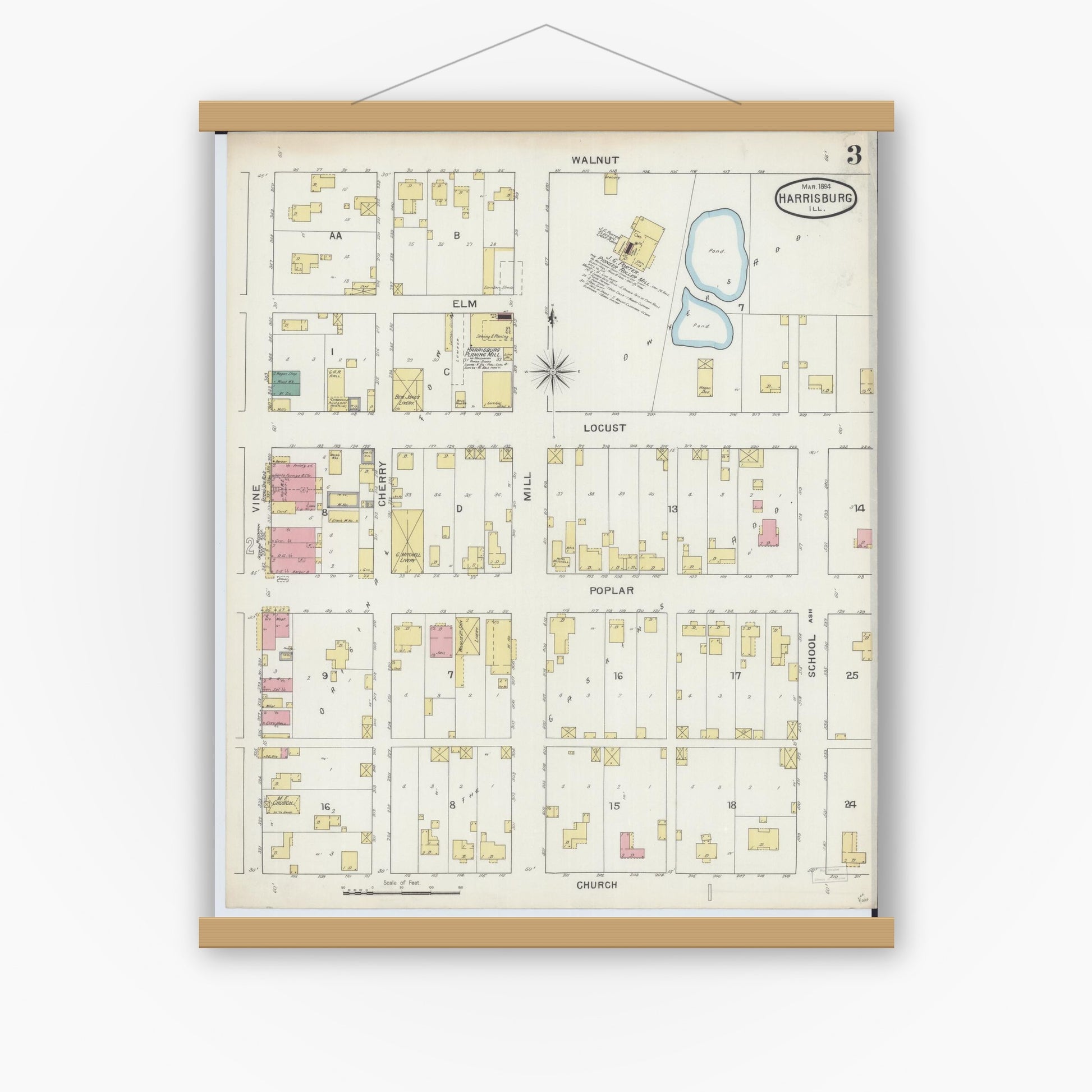Old map wall art mockup — magnetic wood frame on white wall — Sanborn Fire Insurance Map from Harrisburg, Saline County, Illinois (1894), Sheet #0003