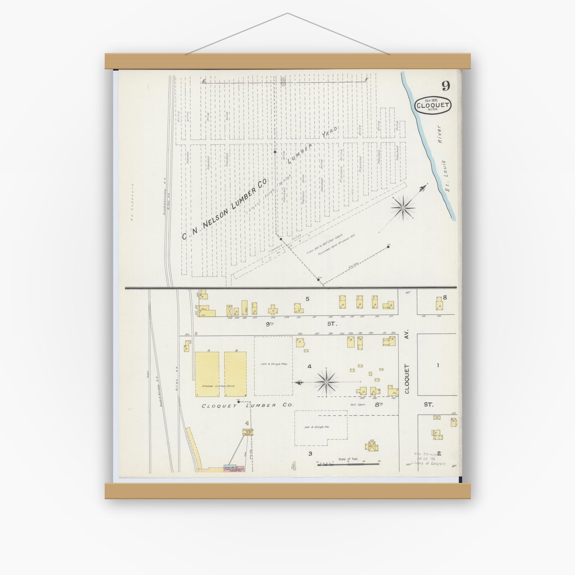 Old map wall art mockup — magnetic wood frame on white wall — Sanborn Fire Insurance Map from Cloquet, Carlton County, Minnesota (1892), Sheet #0009