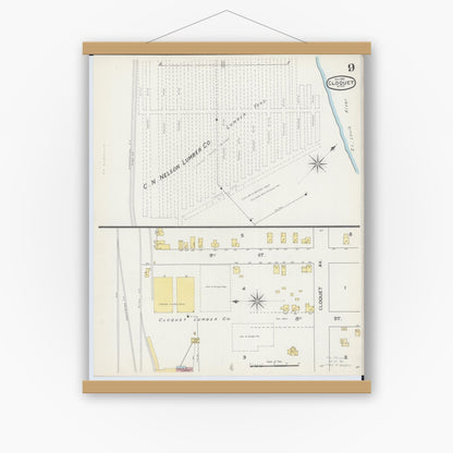 Old map wall art mockup — magnetic wood frame on white wall — Sanborn Fire Insurance Map from Cloquet, Carlton County, Minnesota (1892), Sheet #0009