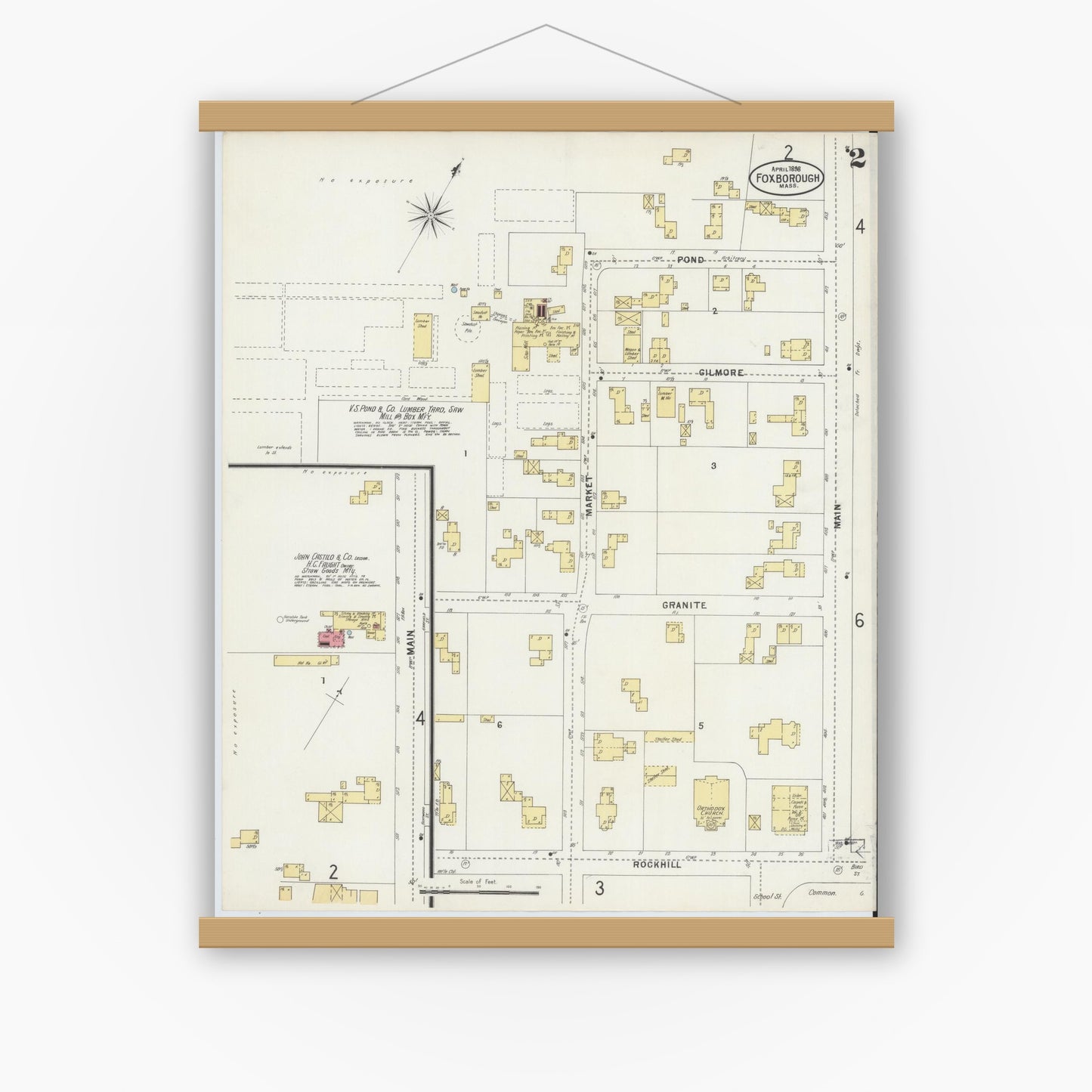 Old map wall art mockup — magnetic wood frame on white wall — Sanborn Fire Insurance Map from Foxboro, Norfolk County, Massachusetts (1898), Sheet #0002