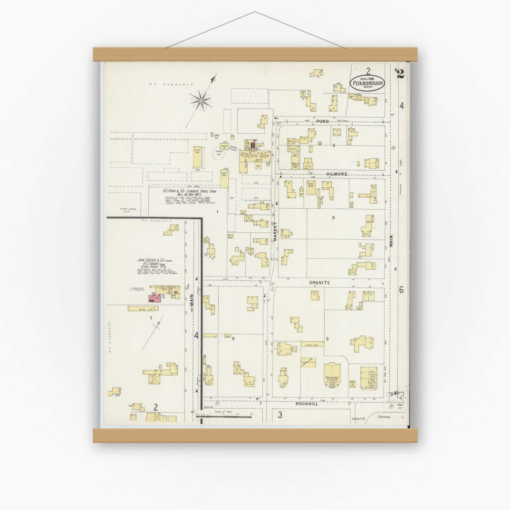 Old map wall art mockup — magnetic wood frame on white wall — Sanborn Fire Insurance Map from Foxboro, Norfolk County, Massachusetts (1898), Sheet #0002