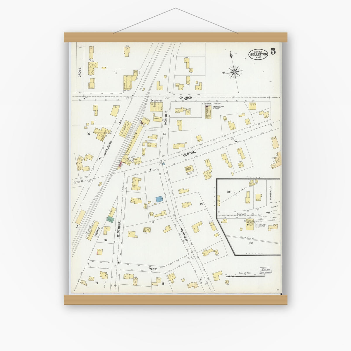 Old map wall art mockup — magnetic wood frame on white wall — Sanborn Fire Insurance Map from Holliston, Middlesex County, Massachusetts (1901), Sheet #0005
