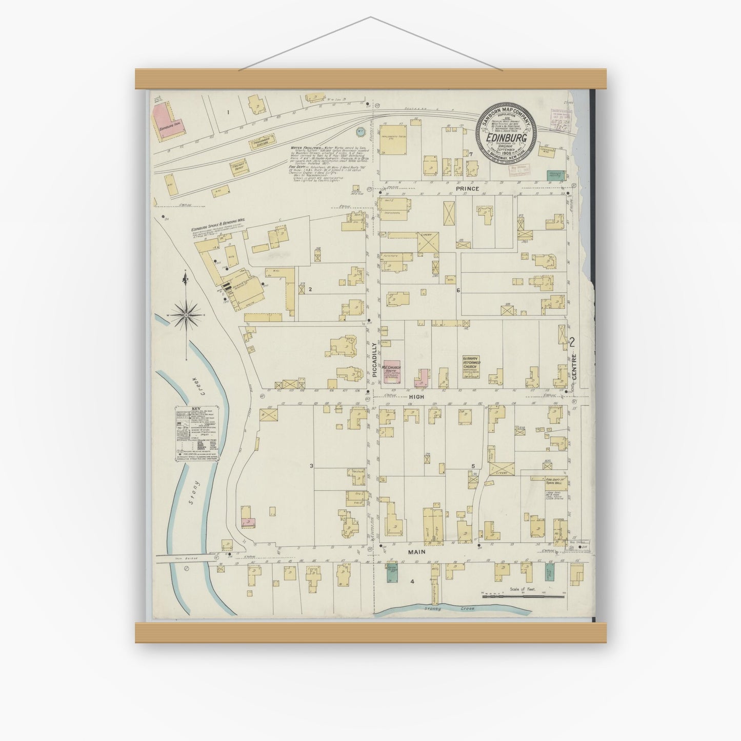 Old map wall art mockup — magnetic wood frame on white wall — Sanborn Fire Insurance Map from Edinburg, Shenandoah County, Virginia (1908) - Complete Map Set