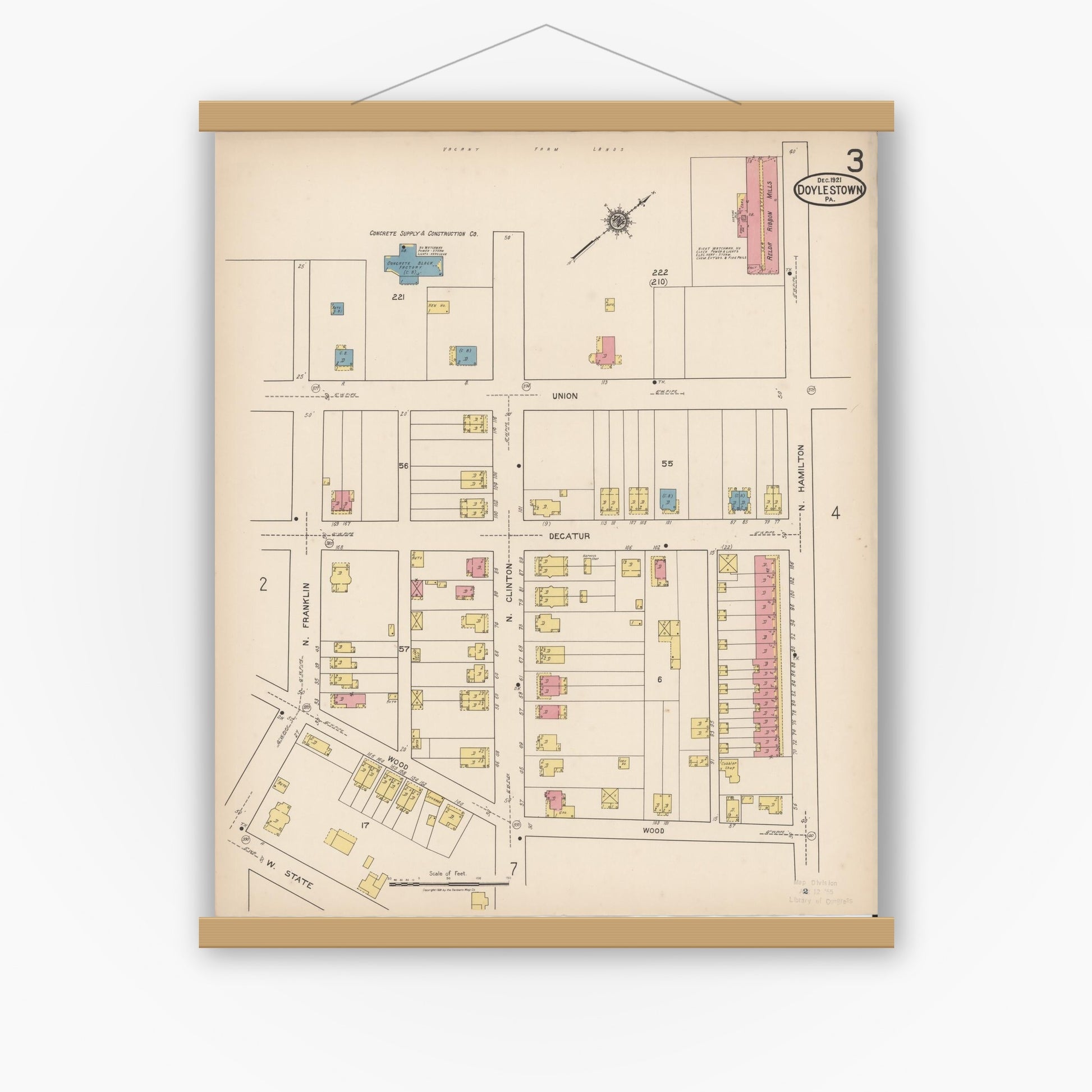 Old map wall art mockup — magnetic wood frame on white wall — Sanborn Fire Insurance Map from Doylestown, Bucks County, Pennsylvania (1922), Sheet #0003