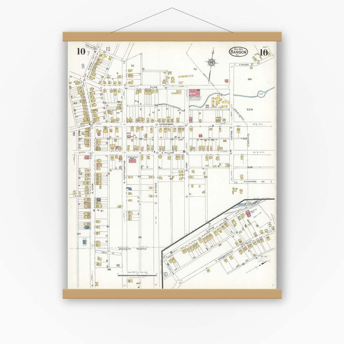 Old map wall art mockup — magnetic wood frame on white wall — Sanborn Fire Insurance Map from Bangor, Northampton County, Pennsylvania (1923), Sheet #0010