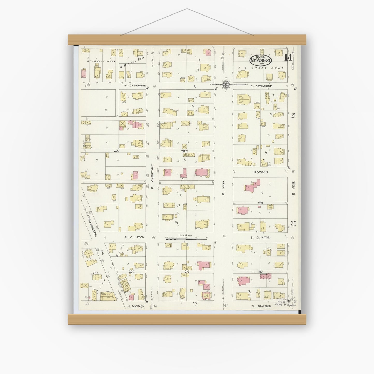 Old map wall art mockup — magnetic wood frame on white wall — Sanborn Fire Insurance Map from Mount Vernon, Knox County, Ohio (1913), Sheet #0014