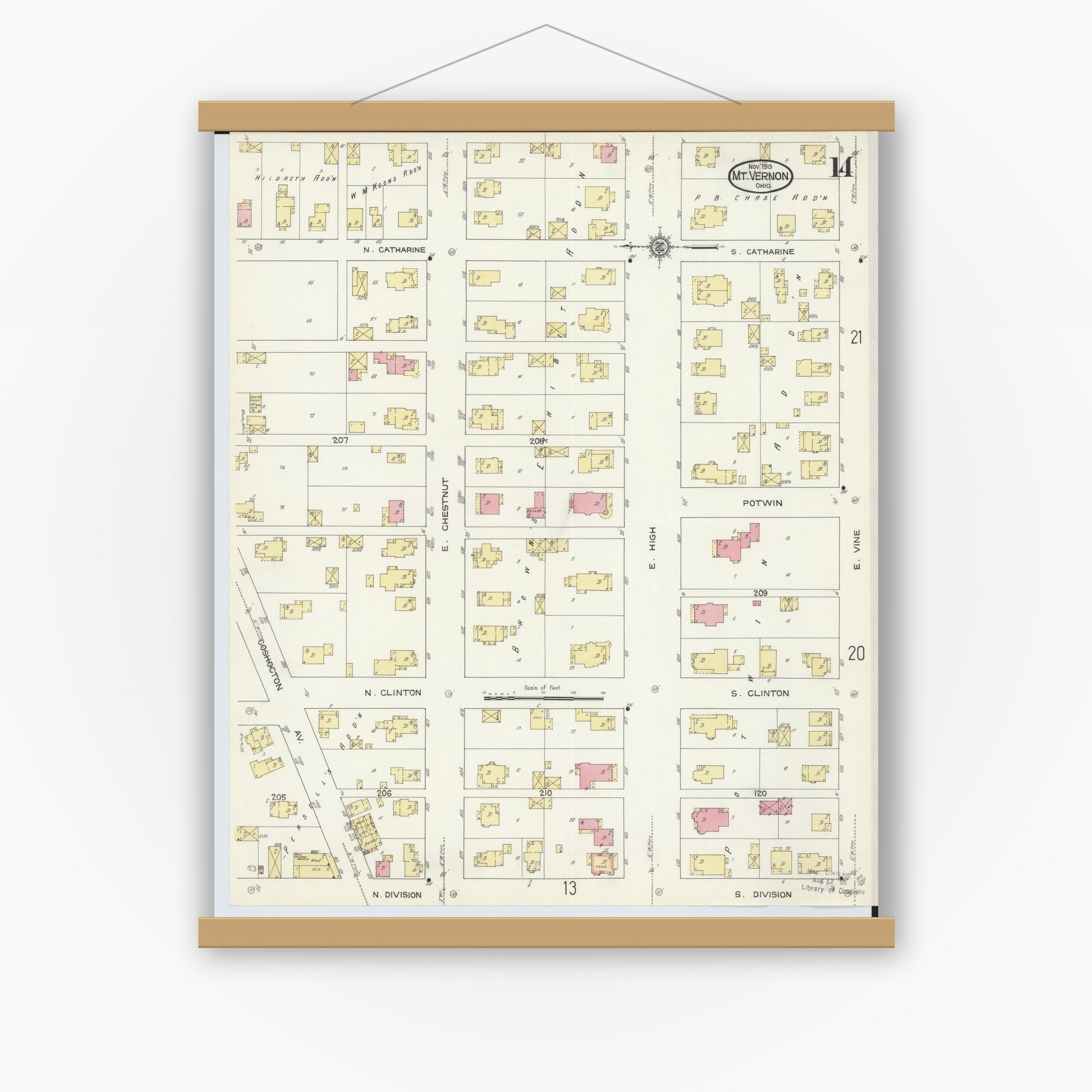 Old map wall art mockup — magnetic wood frame on white wall — Sanborn Fire Insurance Map from Mount Vernon, Knox County, Ohio (1913), Sheet #0014
