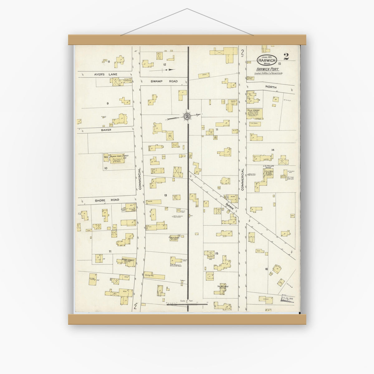 Old map wall art mockup — magnetic wood frame on white wall — Sanborn Fire Insurance Map from Harwich, Barnstable County, Massachusetts (1915), Sheet #0002