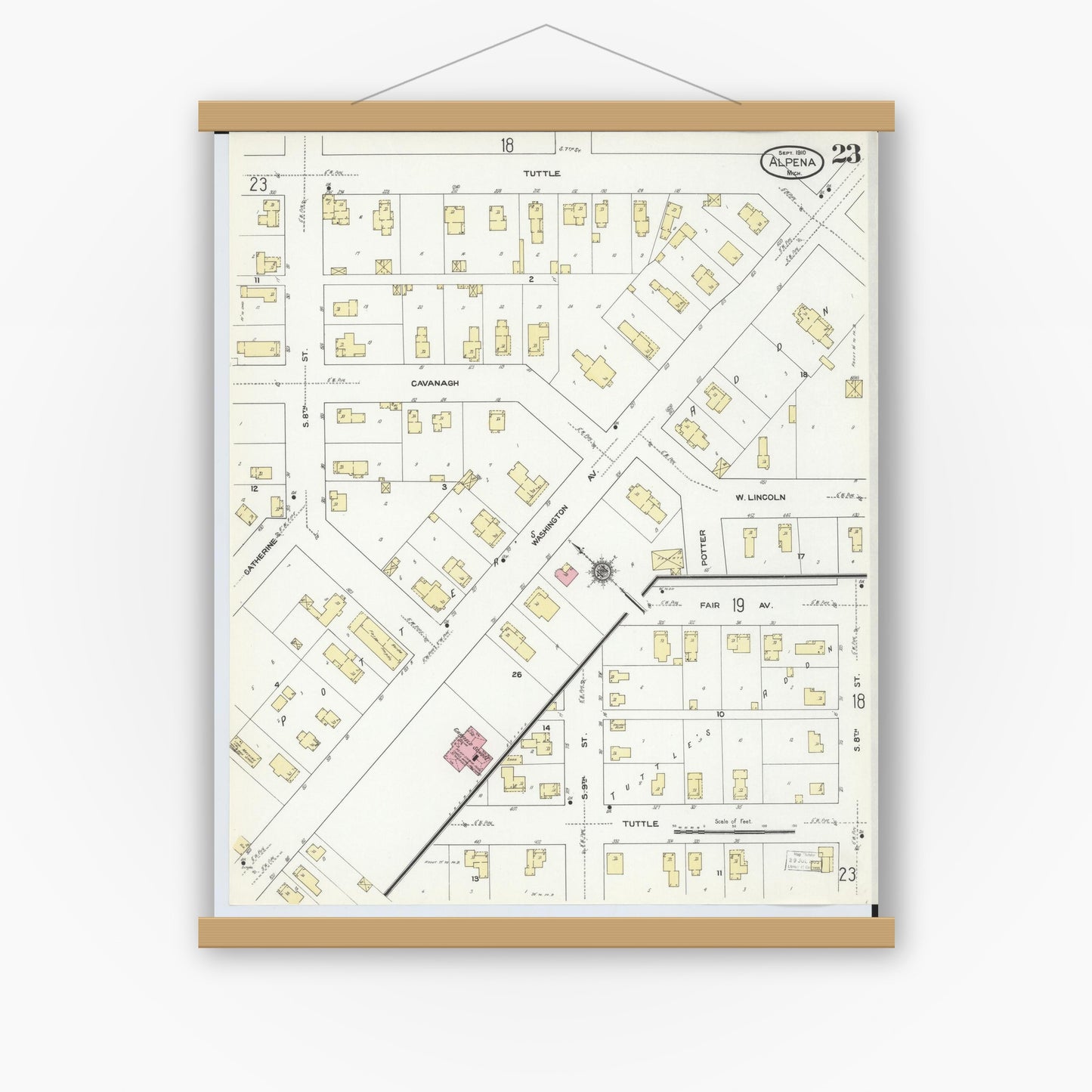 Old map wall art mockup — magnetic wood frame on white wall — Sanborn Fire Insurance Map from Alpena, Alpena County, Michigan (1910), Sheet #0023