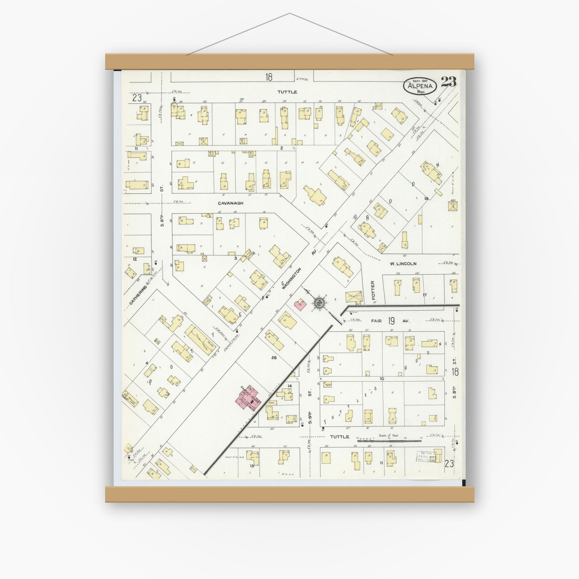 Old map wall art mockup — magnetic wood frame on white wall — Sanborn Fire Insurance Map from Alpena, Alpena County, Michigan (1910), Sheet #0023
