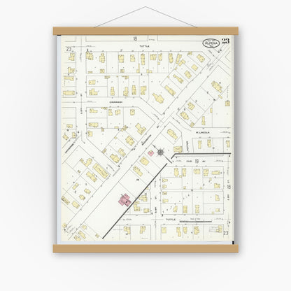 Old map wall art mockup — magnetic wood frame on white wall — Sanborn Fire Insurance Map from Alpena, Alpena County, Michigan (1910), Sheet #0023