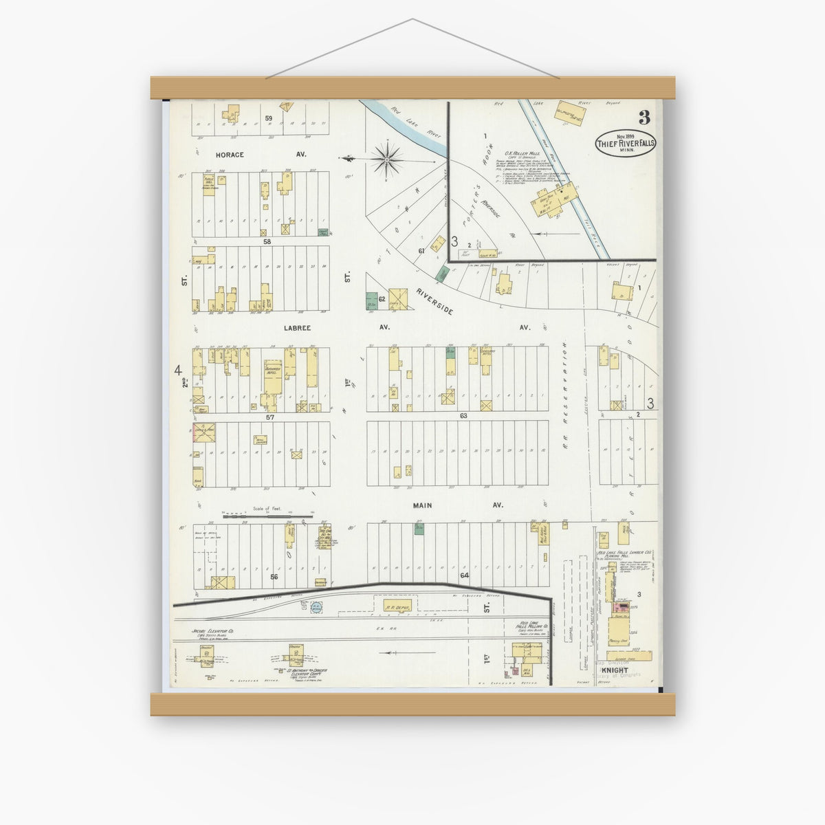 Old map wall art mockup — magnetic wood frame on white wall — Sanborn Fire Insurance Map from Thief River Falls, Pennington County, Minnesota (1899), Sheet #0003