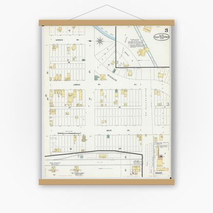Old map wall art mockup — magnetic wood frame on white wall — Sanborn Fire Insurance Map from Thief River Falls, Pennington County, Minnesota (1899), Sheet #0003