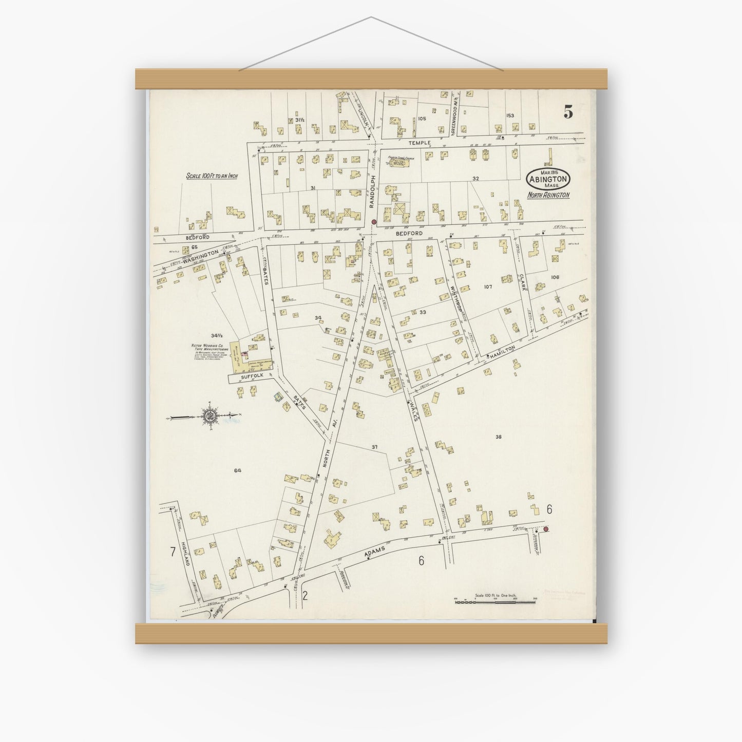 Old map wall art mockup — magnetic wood frame on white wall — Sanborn Fire Insurance Map from Abington, Plymouth County, Massachusetts (1915), Sheet #0005