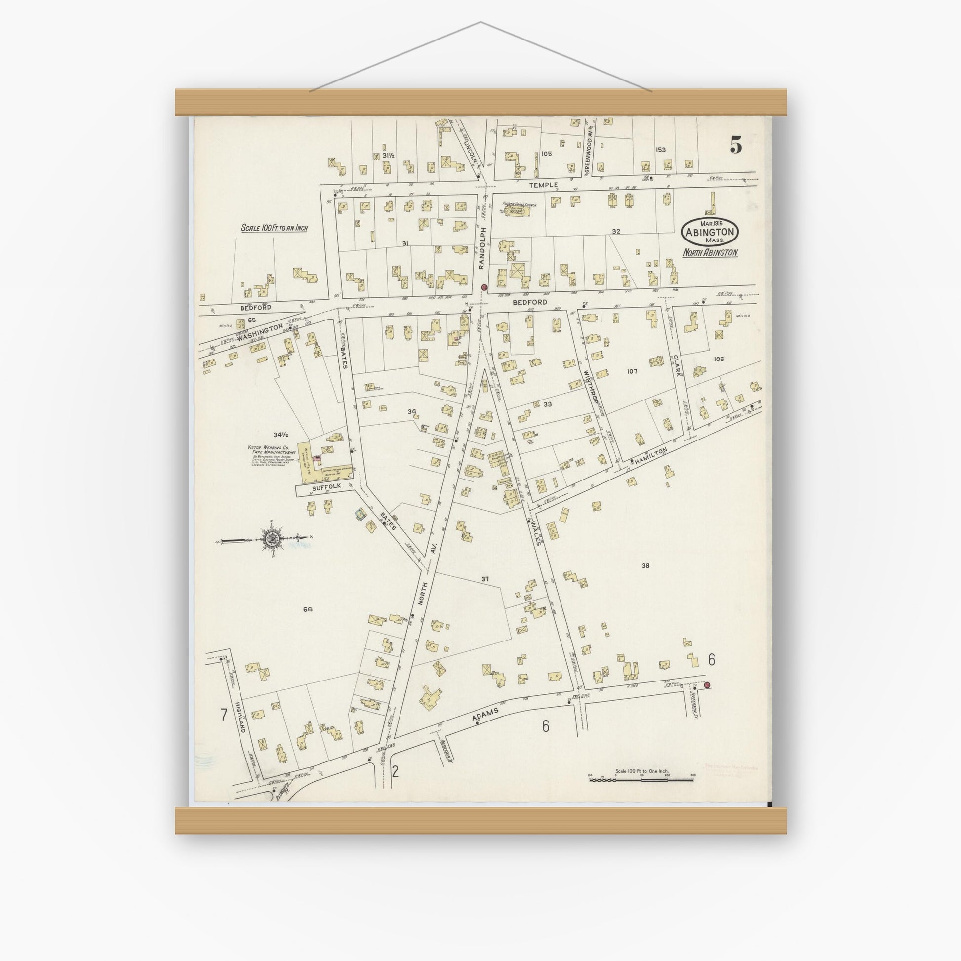 Old map wall art mockup — magnetic wood frame on white wall — Sanborn Fire Insurance Map from Abington, Plymouth County, Massachusetts (1915), Sheet #0005